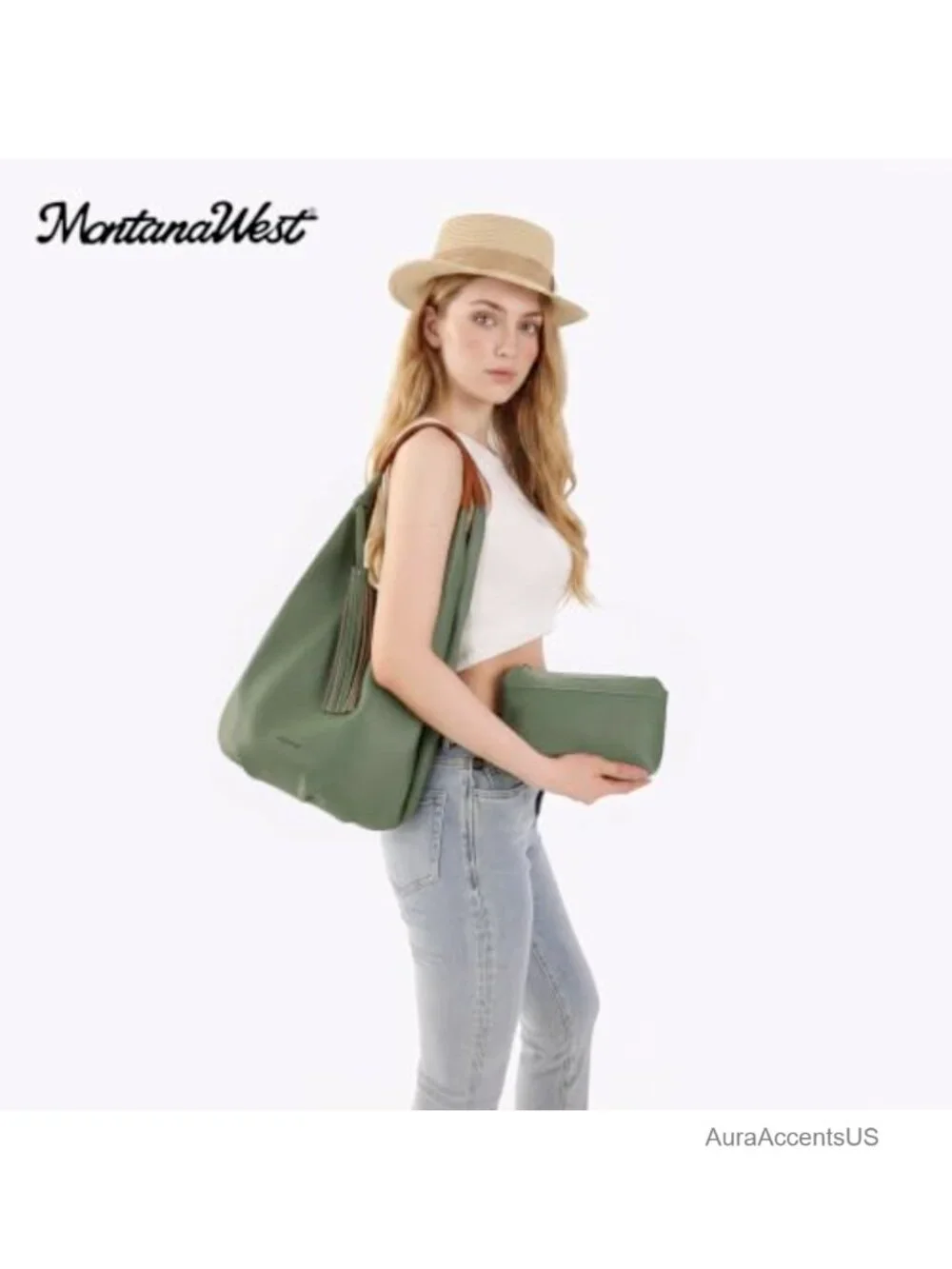 Set of 2 Hobo Handbags with Tassels Faux Leather Shoulder Bags + Cosmetic Pouch